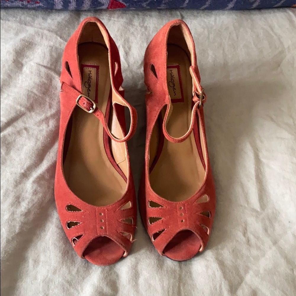 Red suede, peep toe, wedge heels.